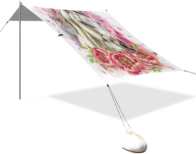 ALAZA Horse Portrait Peony Flower Beach Tent Sun Shelter UPF50+ Protection Beach Shade Canopy w/ 4 Sandbags for Outdoor Camping Fishing Backyard Fun Picnic 10x9 ft