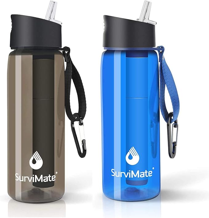 SurviMate Purified Water Bottle for Camping Hiking Backpacking and Travel BPA Free with 5-Stage Intergrated Filter Straw
