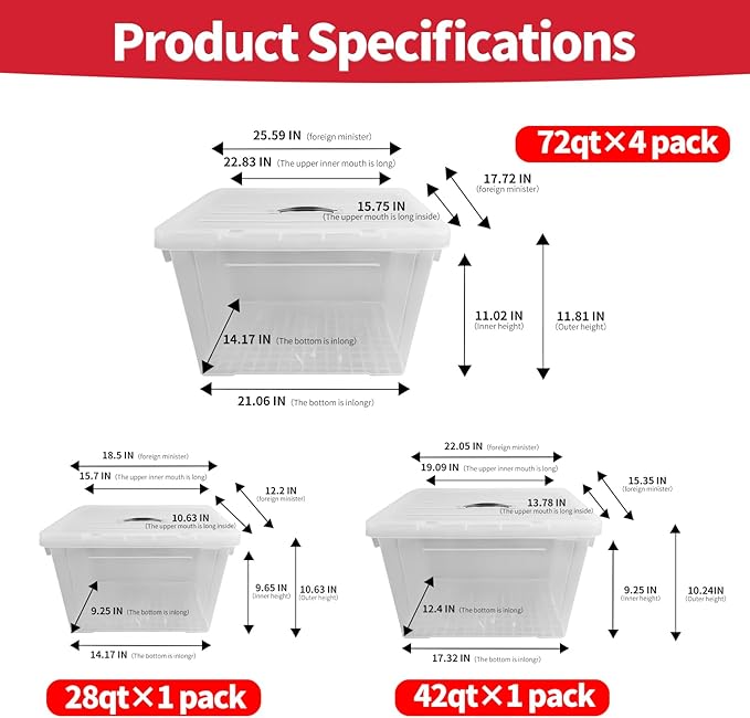 Clear Storage Bins with Lids 4 Pack - 72 Quart Extra Large Storage Totes Boxs - Heavy Duty BPA-Free Organizing Containers Storage Boxes 4pack 72 and One 42 qt &amp 28qt for Home Closet