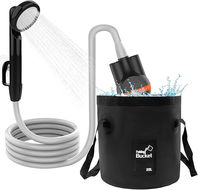 Portable Shower Camping Shower Outdoor Camp Shower Pump with 5 Gallons Collapsible Bucket Rechargeable Shower Battery Powered Handheld Shower Head kit for Camping Beach Washing Pet Cleaning