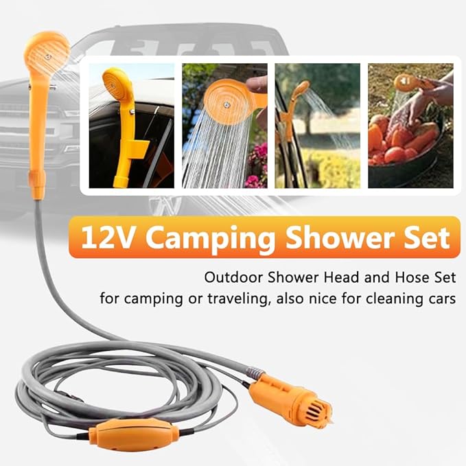 Portable Outdoor Shower Kit 12V Camping Showers with Water Pump 5 Meter Cable with Cigarette Lighter Plug Max 7L Water Per Minute for Champing Pet Bath