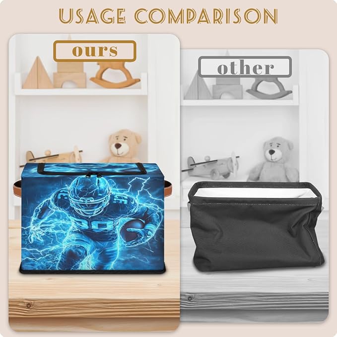 Football Player Storage Box with Lid American Sports Collapsible Storage Bins Baskets Cubes Closet Shelf Clothes Organizer Containers with PU Leather Handles