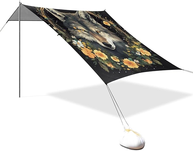 ALAZA Wolf Wreath of Yellow Flowers Beach Tent Sun Shelter Portable Canopy Sunshade for Outdoor Camping Picnics Backyard Fun 10x9 ft