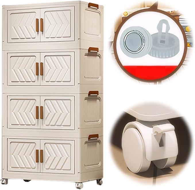 4-Tier Stackable Storage Bins with Lids 94QT Plastic Large Collapsible Storage Containers with Wheels and Magnetic Doors Foldable Closet Organizers for Bedroom Dorm Garage Home Office White