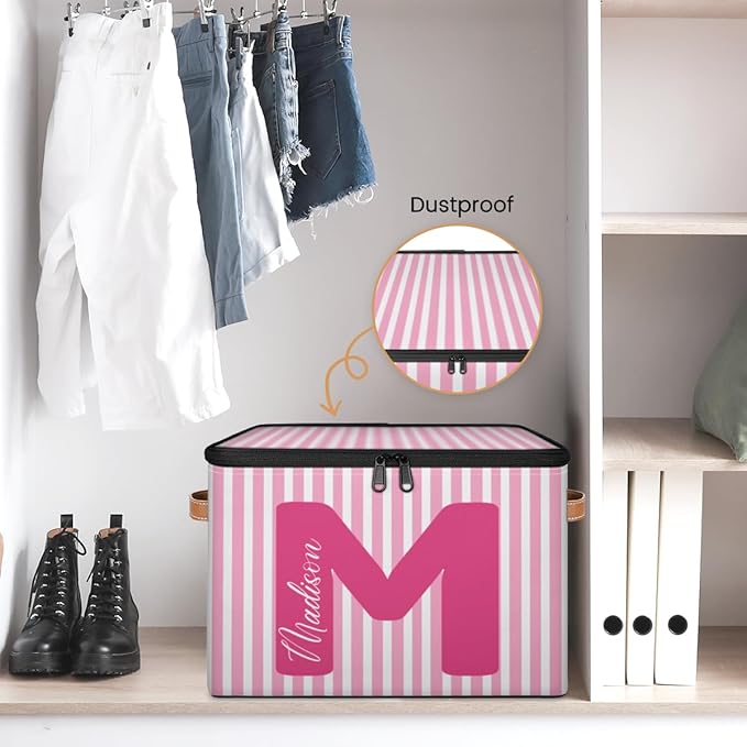 Custom Memory Storage-Bin for Kids Personalized Stripe Keepsake Storage Basket with Handle Lid Large CapacityFolable Fabric Box Decorative for Family