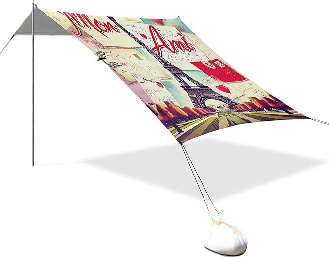 xigua Eiffel Tower Beach Tent Sun Shelter with Carrying Bag - Silver Coated Oxford Fabric Beach Canopy for Beach Camping Fishing - Includes Windproof Ropes Sandbags &amp Stakes