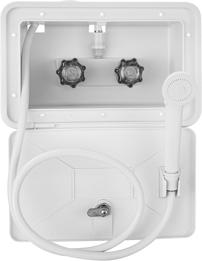 RecPro RV Exterior Shower Box Kit | Locking Cowboy Shower with 51” Vinyl Hose 2.5 GPM Showerhead | UV-Resistant Rust-Free Easy Install | Camper Trailer Motorhome Outdoor Faucet (White)