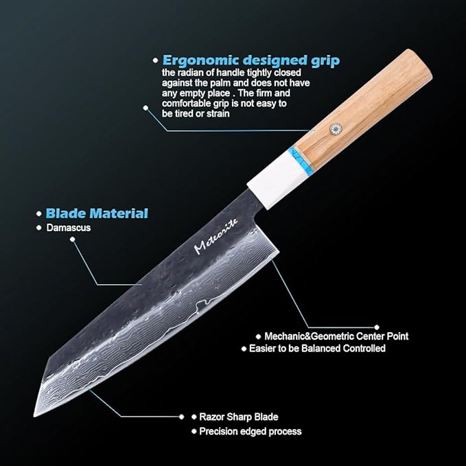 Meteorite Kiritsuke Japanese Multi-Task Knife For Slicing &amp Dicing Prep Hand-Hammered Midnight Damascus Convex Grind Edge Olive Wood Handle – Pro Gift IceRaven 8 Inch