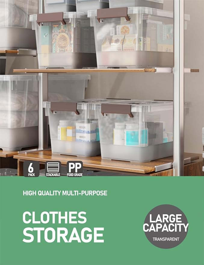 WYT 6 Pack 17qt Clear Plastic Storage Bin with Lid and Latching Buckles Stackable Tote Organizing Box with Handle