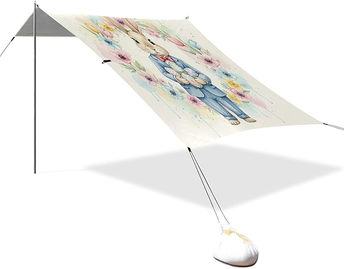 xigua Easter Bunny Beach Tent Sun Shelter with Carrying Bag - Silver Coated Oxford Fabric Beach Canopy for Beach Camping Fishing - Includes Windproof Ropes Sandbags &amp Stakes