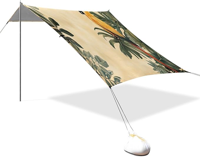 Vintage Parrot Pattern Beach Tent Sun Shelter Set UPF50+ UV Protection 10.5 x 9.19 FT Camping Shade Canopy with Sandbags Sand Anchors Carrying Bag and Others