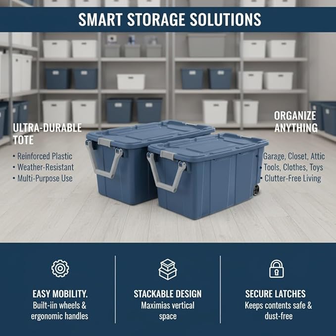 40 Gallon Heavy-Duty Rolling Storage Bins 2-Pack Blue Industrial Plastic with Pivot Handle Leakproof Lid &amp Latches for Garage Workshop Equipment Transport &amp Storage
