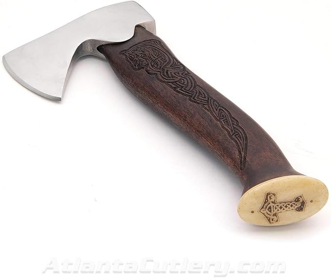 Windlass Viking Hunting Thane Hand Forged Steel Blade Norse Engraved Axe with Leather Belt Sheath and Bone Butt Cap - Throwing Tomahawk