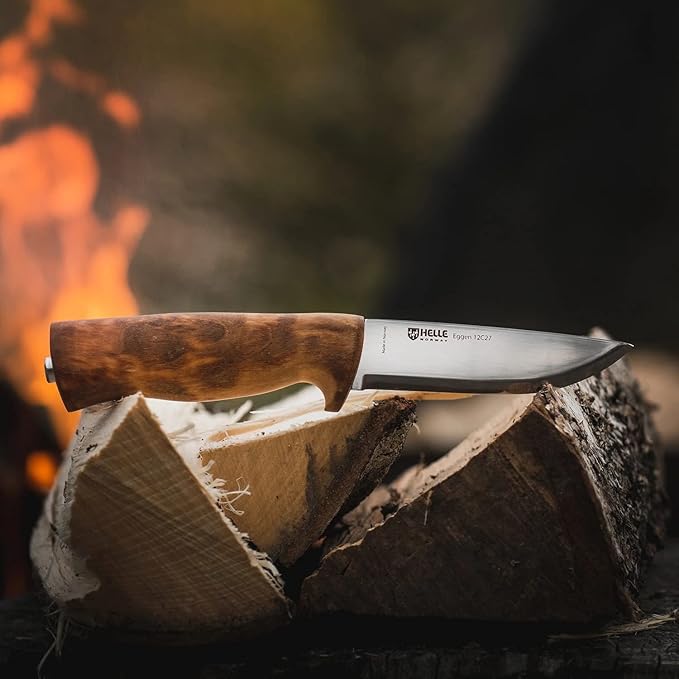HELLE Knives - Eggen Stainless Steel - Outdoor Camping Knife Stick Tang Fixed Blade with Sheath Curly Birch Handle Made in Norway