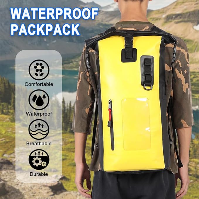 Waterproof Backpack Roll-Top Dry Bag Waterproof Backpack Heavy Duty Roll-Top Closure Swim Bag with Front-Zipper Pocket