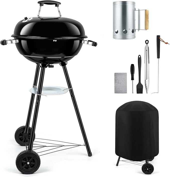18 inch Kettle Charcoal Grills Leonyo Portable BBQ Charcoal Grill for Outdoor with Cover &amp Chimney Starter Griddle Accessories for Camping Patio Backyard Cooking - 254 Sq.in