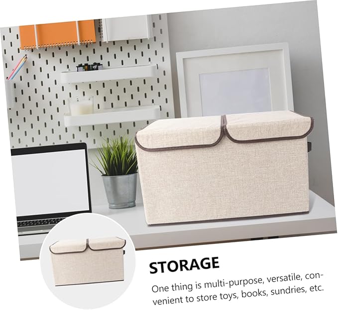 Levemolo Sturdy Space-saving Storage Basket Linen Cotton Storage Box Lid for Home Office Tidy