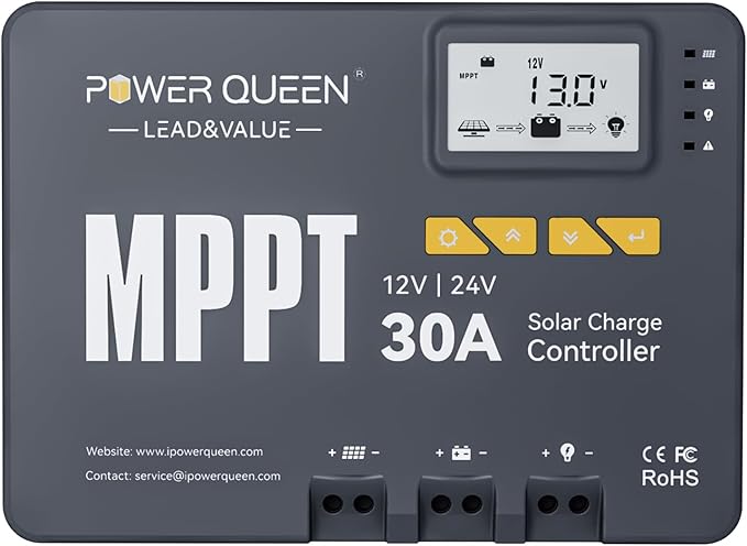 Power Queen 30 Amp MPPT 12V/24V Solar Charge Controller with Built-in BluetoothSupport Remote MonitoringDefault for LiFePO4 Batteries and Compatible with Sealed Flooded Gel and Lead-Acid Battery