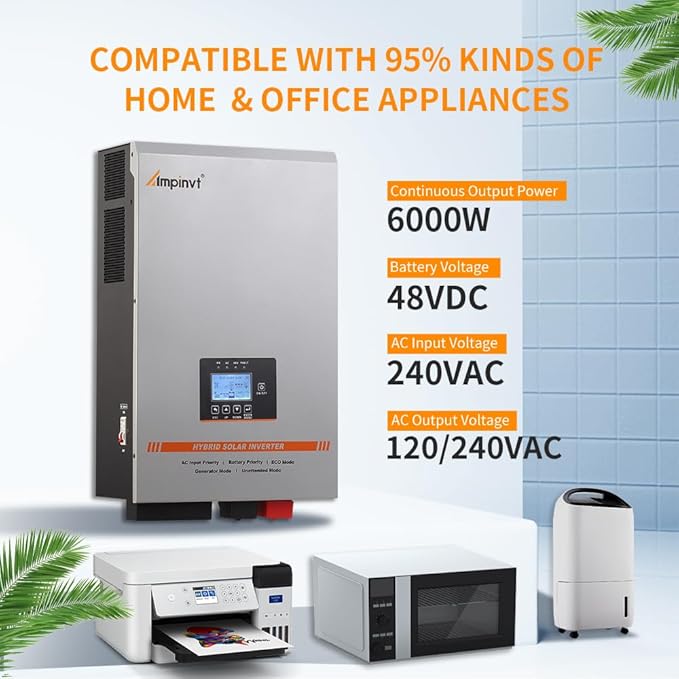 Ampinvt 6000W Solar Inverter 48V DC to 120V/240V AC Split Phase Output Built-in 100A MPPT Solar Controller Off Grid Low Frequency Pure sine Wave Inverter Charger for Lead Acid Lithium Gel Battery