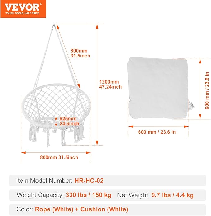 VEVOR Hanging Hammock Swing Chair 330 lbs Capacity Macramé Hanging Chair with Cushion and Mounting Hardware Cotton Rope Swing Chair for Bedroom Balcony Patio Garden White
