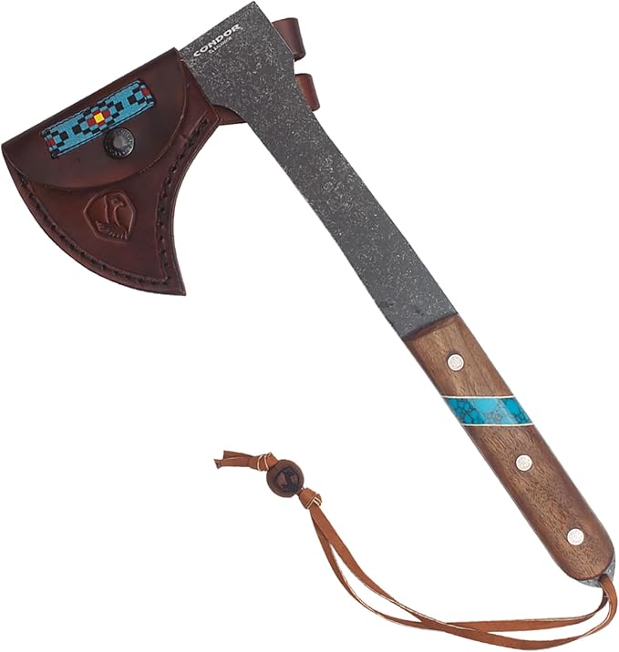 Condor Tool &amp Knife Blue River Tomahawk - Premium Tactical Tomahawk with 1095 High-Carbon Steel Blade - Ergonomic Walnut Handle with Turquoise Stone Inlay - Ideal for Bushcraft Camping &amp Surv