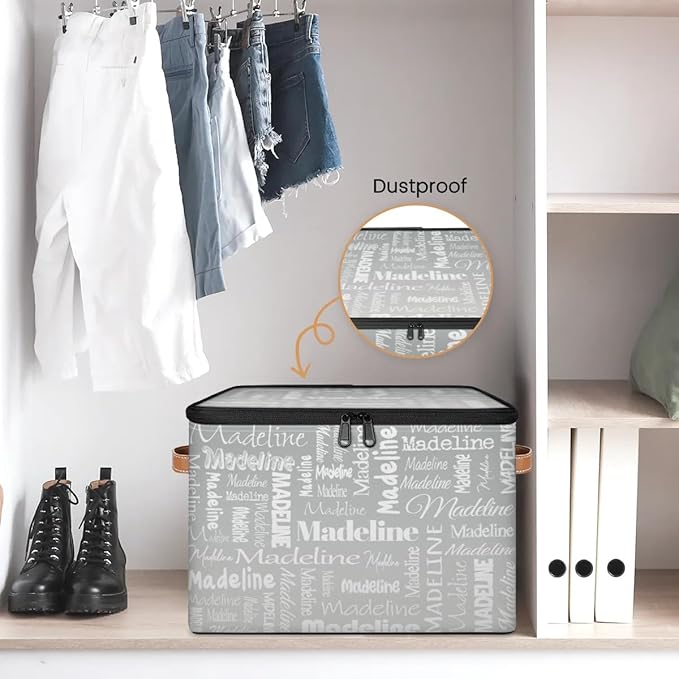 Custom Storage Basket with Name Personalized Keepsake Box with Zipper Lid Foldable Fabric Memory Bin Large capacity with Handle Grey