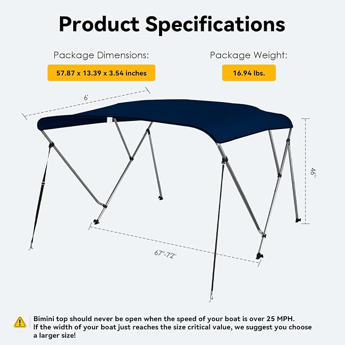 Deckpro Waterproof Boat Bimini Top Cover 600D Solution Dyed Polyester Fabric Canvas Sun Shade Boat Canopy - 1 Double Wall Aluminum Frame Tube 2 Straps 2 Rear Support Poles Storage Boot