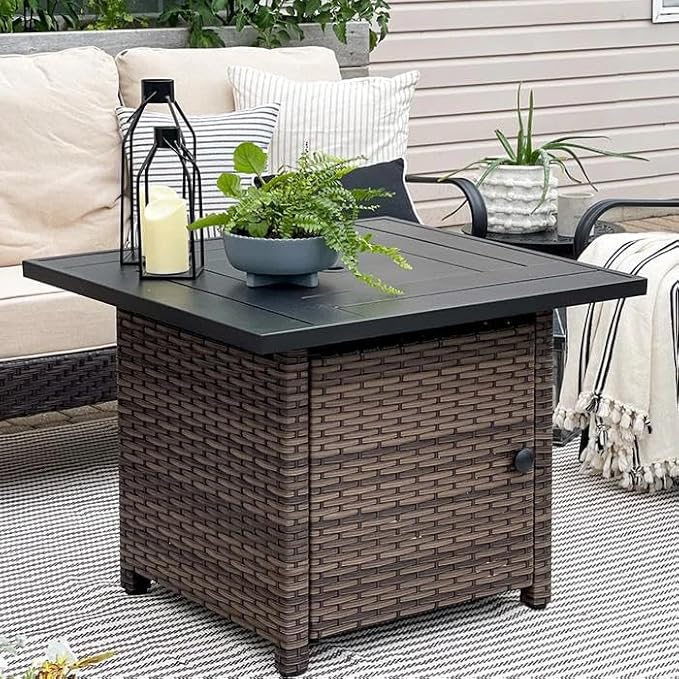 Sophia &amp William 32 Inch Gas Fire Pit Table Outdoor Rattan Propane Fire Table &amp Fireplace with Fire Glass Lid 50000 BTU Firepits for Outside Patio