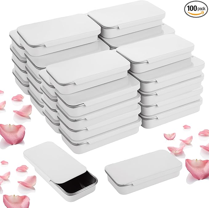 100 Pcs Slide Top Tin Containers Empty Mini Metal Tin for Lip Balm Jewelry CandiesPills Small Crafts (Gloss White)