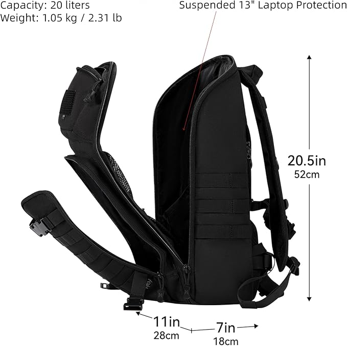 AMHEH 20L 1050D Slim Tactical Backpack - 13 Laptop Suspended Protection Heavy Duty Urban Commuting Everyday Carry Daypack Black