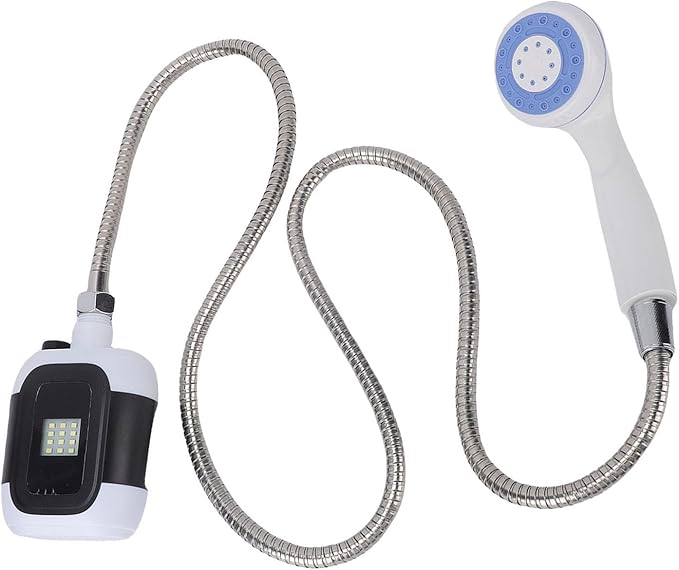 TARSHYRY Portable Camping Shower Built in Light and 2000mAh Battery for 30 Minutes Use Flexible Mounting System with Suction Cups and Hooks for Camping Hiking Travel Pet Washing