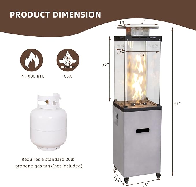 Afterglow Outdoor Patio Propane Fire Heater with Weather Cover Glass 41000 BTU Fireplace Patented &amp CSA Certificated Cement Gray