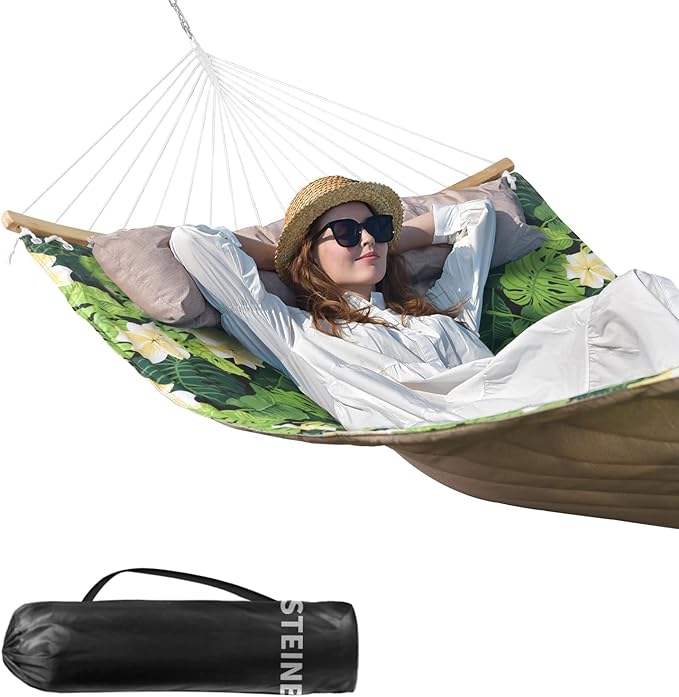 Double Hammock 11 FT Quilted Fabric 2 Person Hammock for Outside with Pillow Folding Curved Spreader Bar Chains Carrying Bag Indoor Outdoor 450 IB Capacity GreenLeaves
