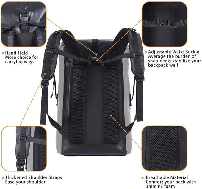 qiuqiu Waterproof Dry Bags Backpack 40L Heavy Duty Roll-Top Closure Travel Backpack for Boating Beach Kayaking Skiing Fishing Camping Swimming