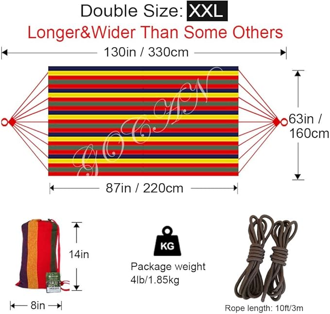 GOCAN Brazilian Double Hammock 2 Person Extra Large 220x160cm Total Length 330cm Load 500lb Canvas Cotton Hammock for Patio Porch Garden Backyard Lounging Outdoor and Indoor(Rainbow) XXL