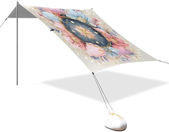 ALAZA Compass Moon Star Flowers Beach Tent Sun Shelter UPF50+ Protection Beach Shade Canopy w/ 4 Sandbags for Outdoor Camping Fishing Backyard Fun Picnic 10x9 ft