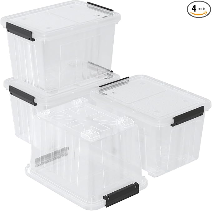 30 Quart Clear Storage Bins with Wheels and Latching Lid Stackable Plastic Totes with Snap Latches Nesting Containers 4 Packs