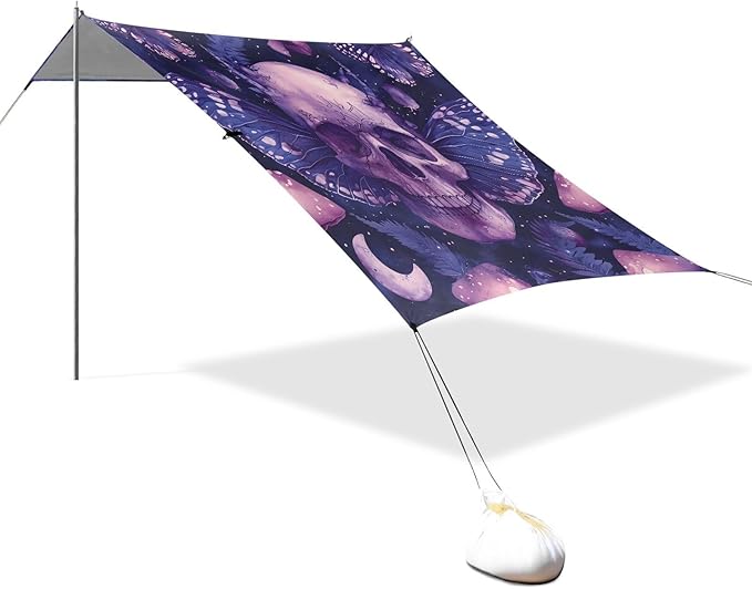 ALAZA Skull Moon Butterfly Beach Tent Sun Shelter UPF50+ Protection Beach Shade Canopy w/ 4 Sandbags for Outdoor Camping Fishing Backyard Fun Picnic 10x9 ft