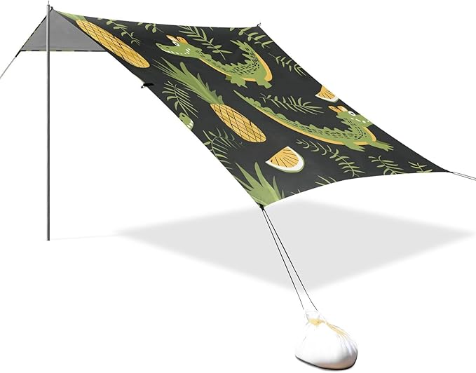 ALAZA Crocodile Pineapple Beach Tent Sun Shelter UPF50+ Protection Beach Shade Canopy w/ 4 Sandbags for Outdoor Camping Fishing Backyard Fun Picnic 10x9 ft
