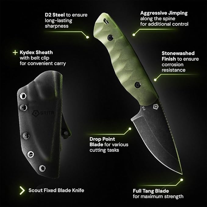 GRITR Scout Fixed Drop Point Blade Full Tang Knife with Ambidextrous Kydex Belt Sheath for Outdoor Camping Hiking Hunting Fishing Survival | EDC Tactical Gear for Men &amp Women