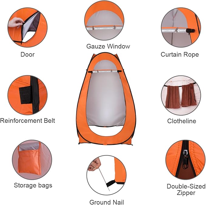 Privacy Pop Up Shower Tent Portable Camping Shower1-2 Person Camping Toilet Shower Tent Dressing Changing RoomLightweight Instant Rain Shelter for Car Camping Hiking Beach Picnic FishingOrange