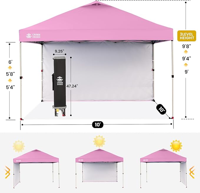 CROWN SHADES Canopy Tent 10 x 10 Foot Portable Pop Up Outdoor Shelter with 1 Sidewall Easy 1 Push Center Lock UV Protection and Carry Bag Pink