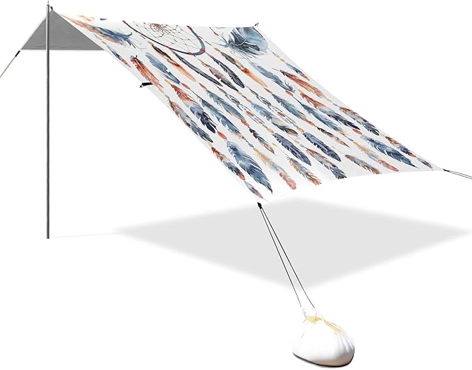 ALAZA Dreamcatcher Feathers Boho Beach Tent Sun Shelter UPF50+ Protection Beach Shade Canopy w/ 4 Sandbags for Outdoor Camping Fishing Backyard Fun Picnic 10x9 ft