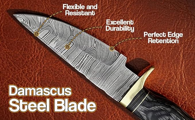 8-Inch Hand-Forged Damascus Steel Hunting Knife Fixed Blade Skinning Design with Leather Sheath Multicolor Wood Handle Brass Guard Twist Pattern Blade for Camping (Grey)
