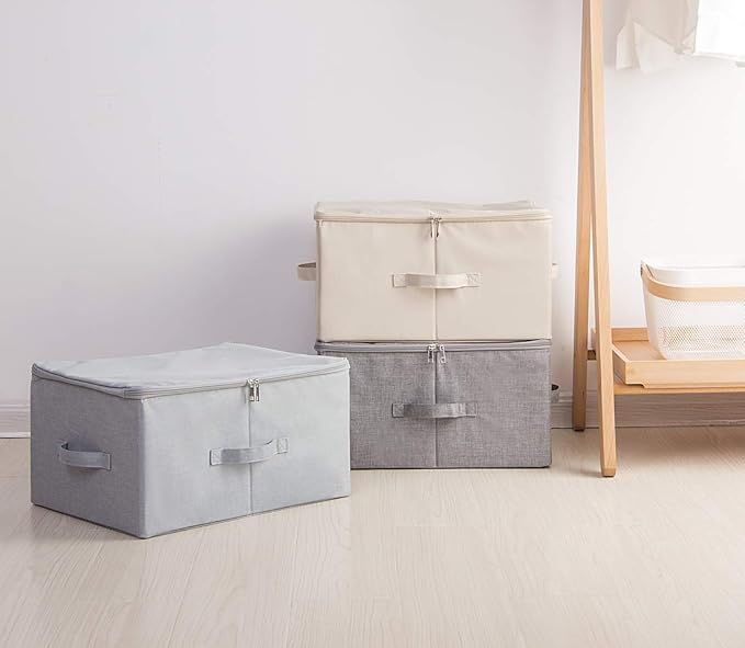 iwill CREATE PRO 3-Pack Beige Folding Storage Boxes with Zip Lid | Collapsible &amp Stackable Rigid Organizer Bins for Clothes Blankets Books