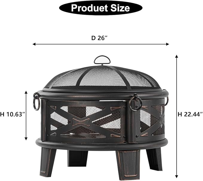 Breezz 26 Inch Wood Burning Fire Pit with Cooking Grill and Spark Screen Outdoor Metal Round Firepit for Patio Backyard Bonfire Party Camping