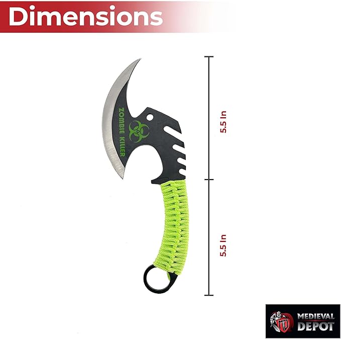 MedievalDepot Zed Skullsplitter Throwing Axe – 11 Full Tang Metal Blade with Nylon Cord Grip Sheath Included – Outdoor Throwing Practice &amp Collection (Green)