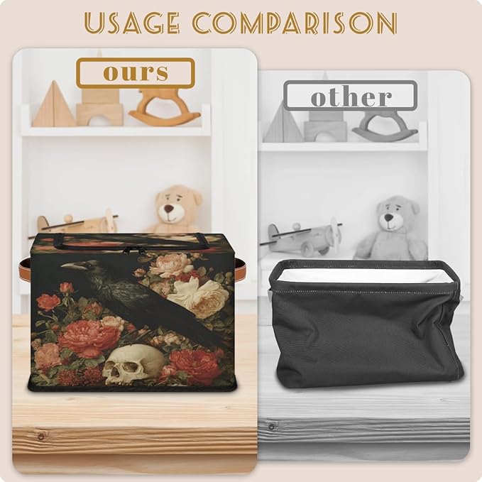 Halloween Raven Storage Bins with Lids Skull Floral Collapsible Cube Storage Basket with Leather Handle Foldable Storage Box with Lids for Organizing Home Closet