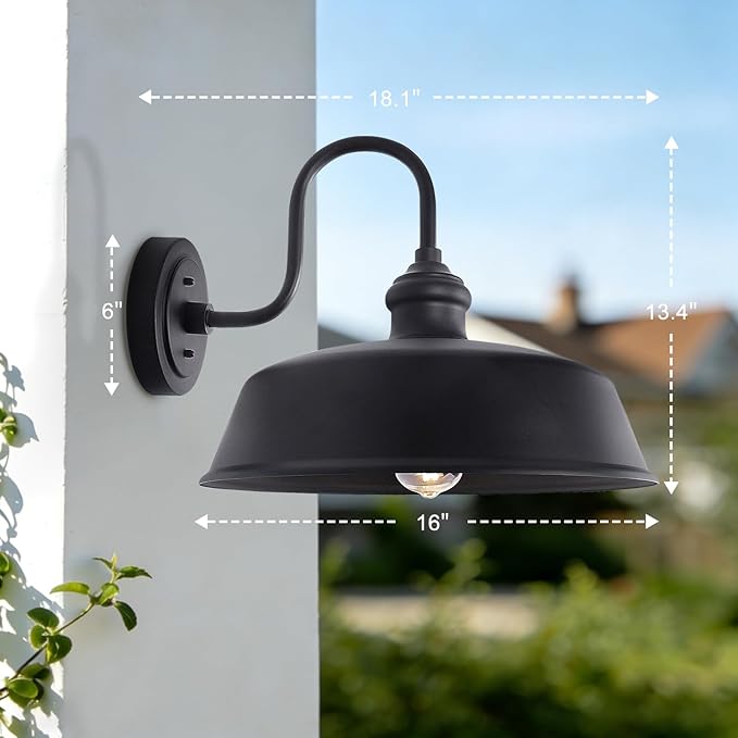 16in Large Outdoor Gooseneck Barn Light Farmhouse Exterior Wall Lghts Fixture Black Dome Porch Light in Rustic Style Outside Wall Sconce Lighting for Garage House Front Door