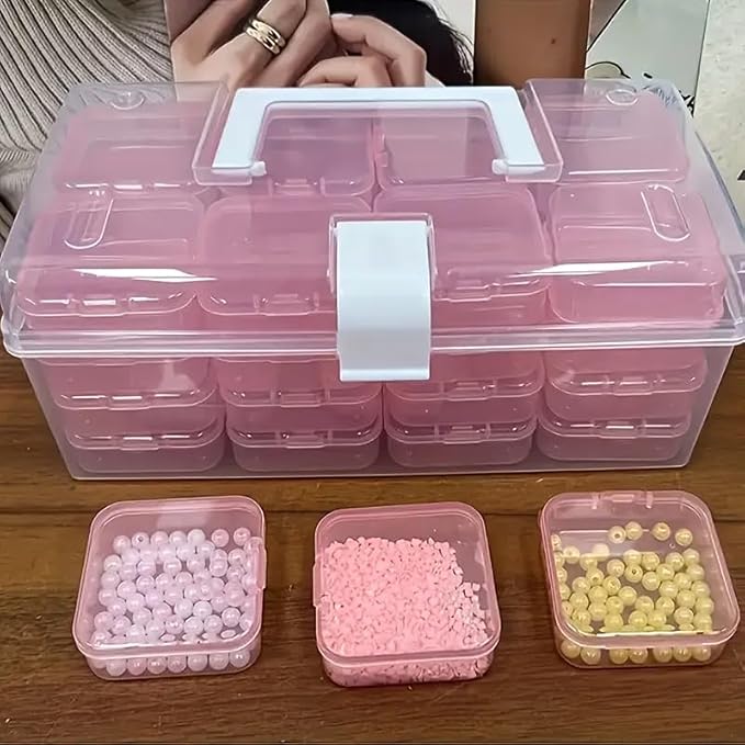 33-Boxes Pink Storage Container Box set Organizer Case with Handle for Beads Jewelry Nail Art Diamond Painting Small Parts Big Box 8.66 x 4.5 x 3.5 Inches Small boxes 2.16 x2.16 x 0.79 inches